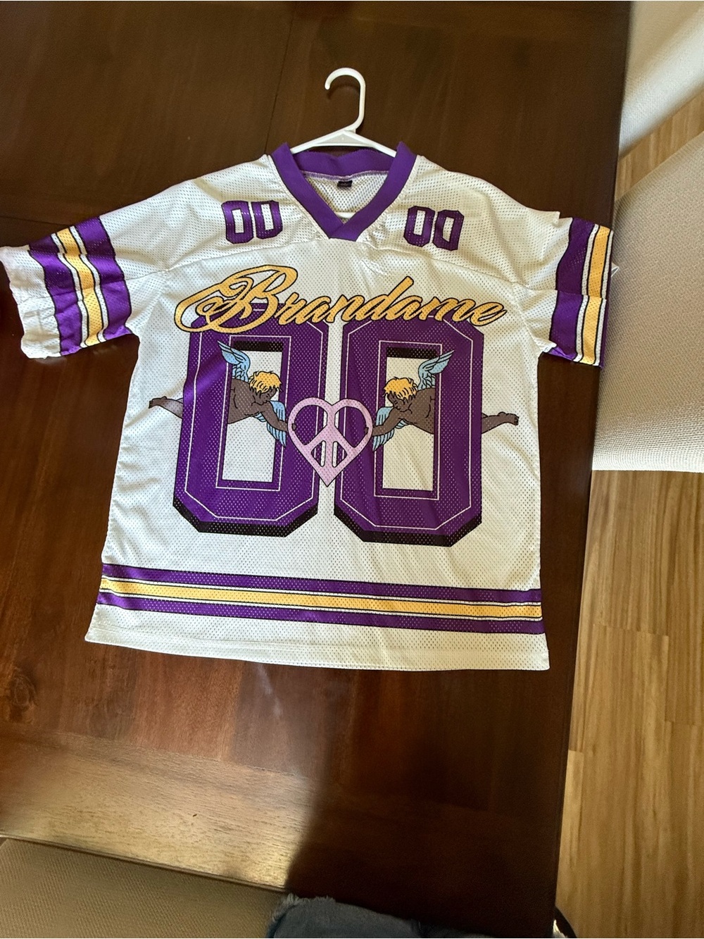 SHEIN White & Purple Graphic Sports Jersey with Gold Stripes